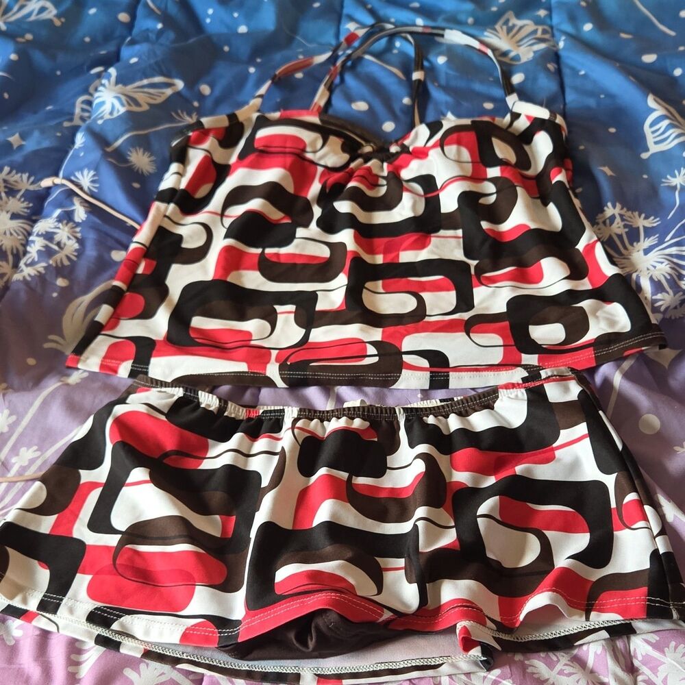 Catalina Geometric Print Tankini Top Swim Skirt  Multicolor M/XL